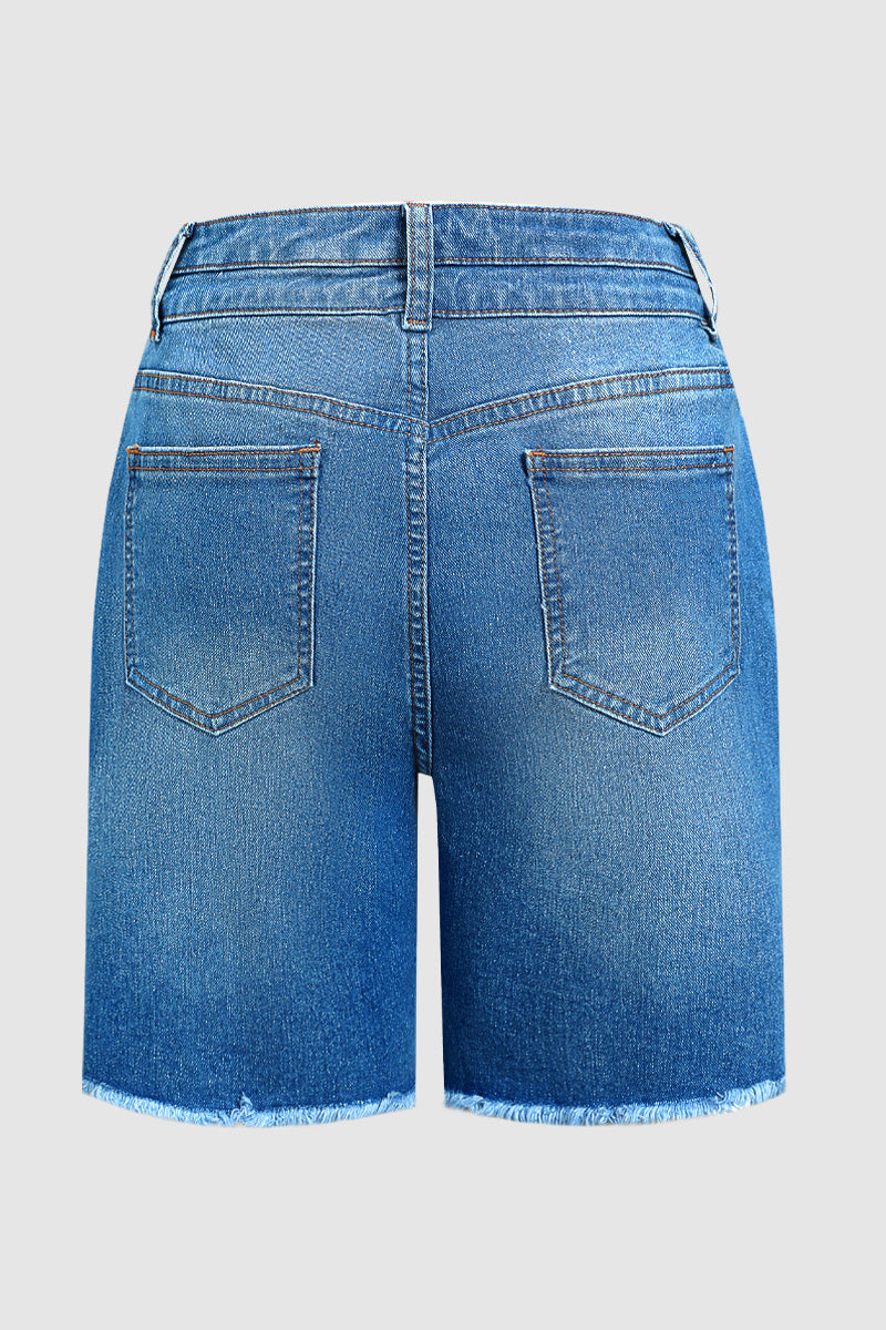 Wash Seam Front Raw Hem Dual Button High Rise Mid Thigh Denim Shorts