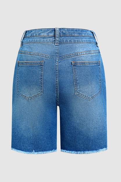 Wash Seam Front Raw Hem Dual Button High Rise Mid Thigh Denim Shorts