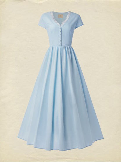 Robe midi en lin, manches courtes, col en V, mélange de lin, unie, Renaissance