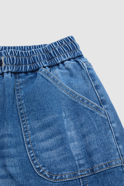 Wash Stitch Detail Roll Hem Drawstring Mid Rise Denim Bermuda Shorts