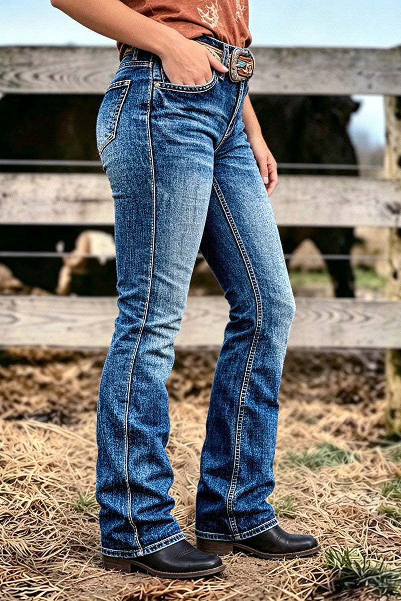 Wash Stitch Detail Mid Waist Bootcut Jeans Without Belt