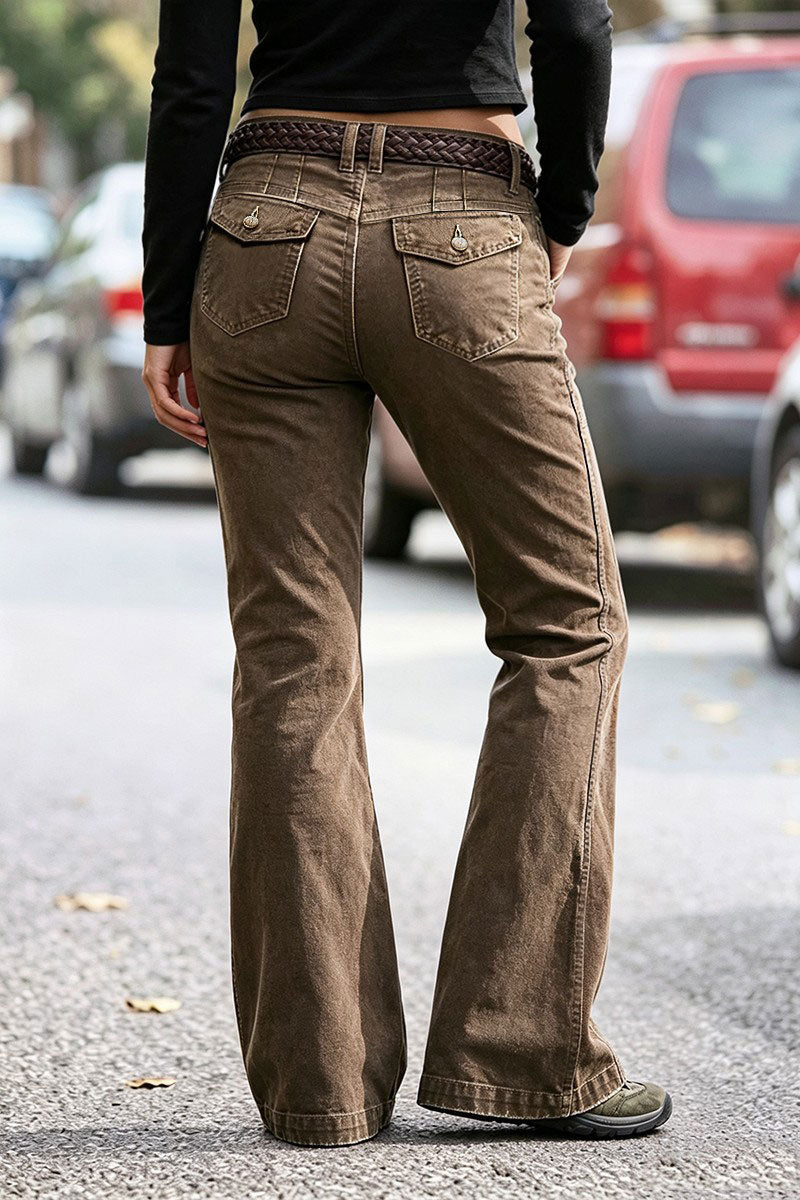 Flap Pocket Stitch Detail Mid Waist Flared Pants Without Belt