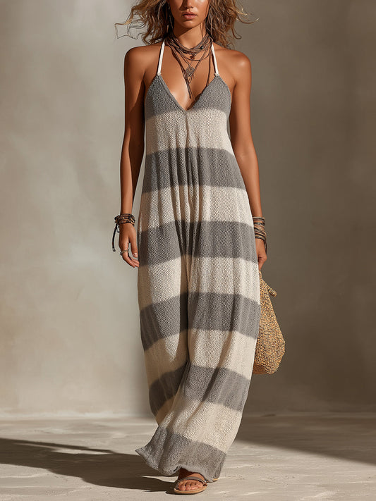Chic Casual Gray-Beige Stripes V-Neck Strappy Sleeveless Oversize A-Line Knit Maxi Dress
