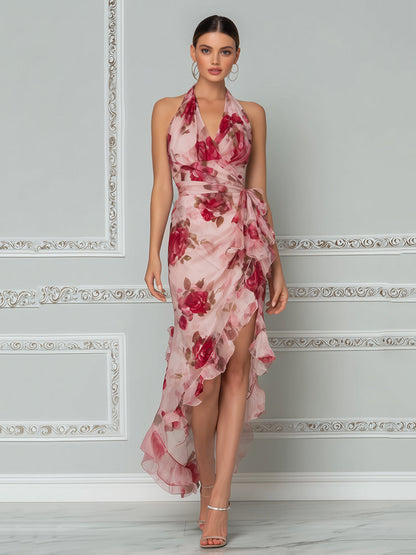 Romantic Floral Halter High-Low Ruffle Maxi Dress