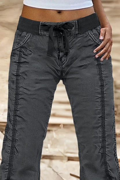 Solid Stitch Detail Mid Rise Straight Leg Cargo Pants Without Belt