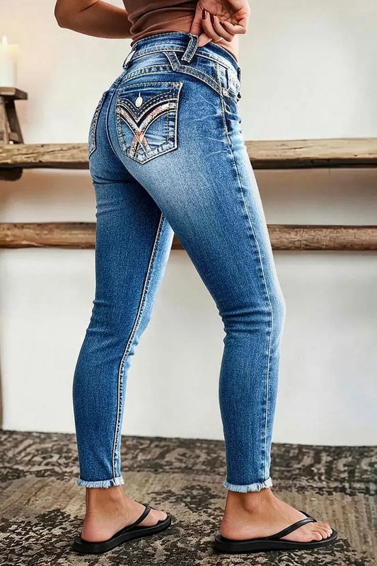 Wash Embroidery Back Raw Hem Mid Waist Cropped Skinny Jeans
