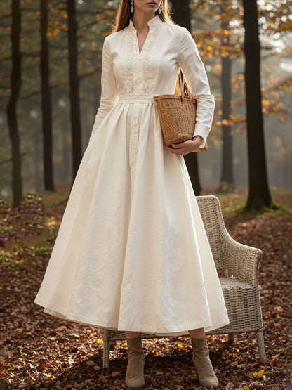 Robe longue en coton, Manches longues, Col en V, Unie, Dentelle, Vintage, Blanche