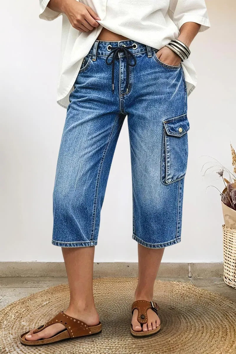 Wash Flap Pocket Drawstring Mid Rise Straight Leg Capri Jeans