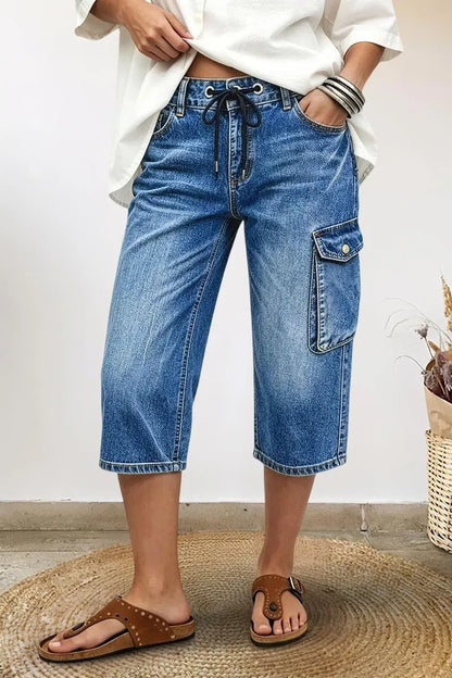 Wash Flap Pocket Drawstring Mid Rise Straight Leg Capri Jeans