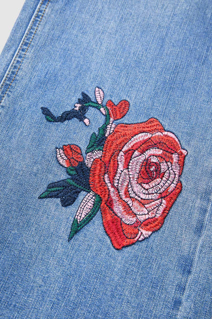 Valentine's Day Pattern Embroidered Patch Pocket Mid Rise Straight Leg Jeans Without Belt