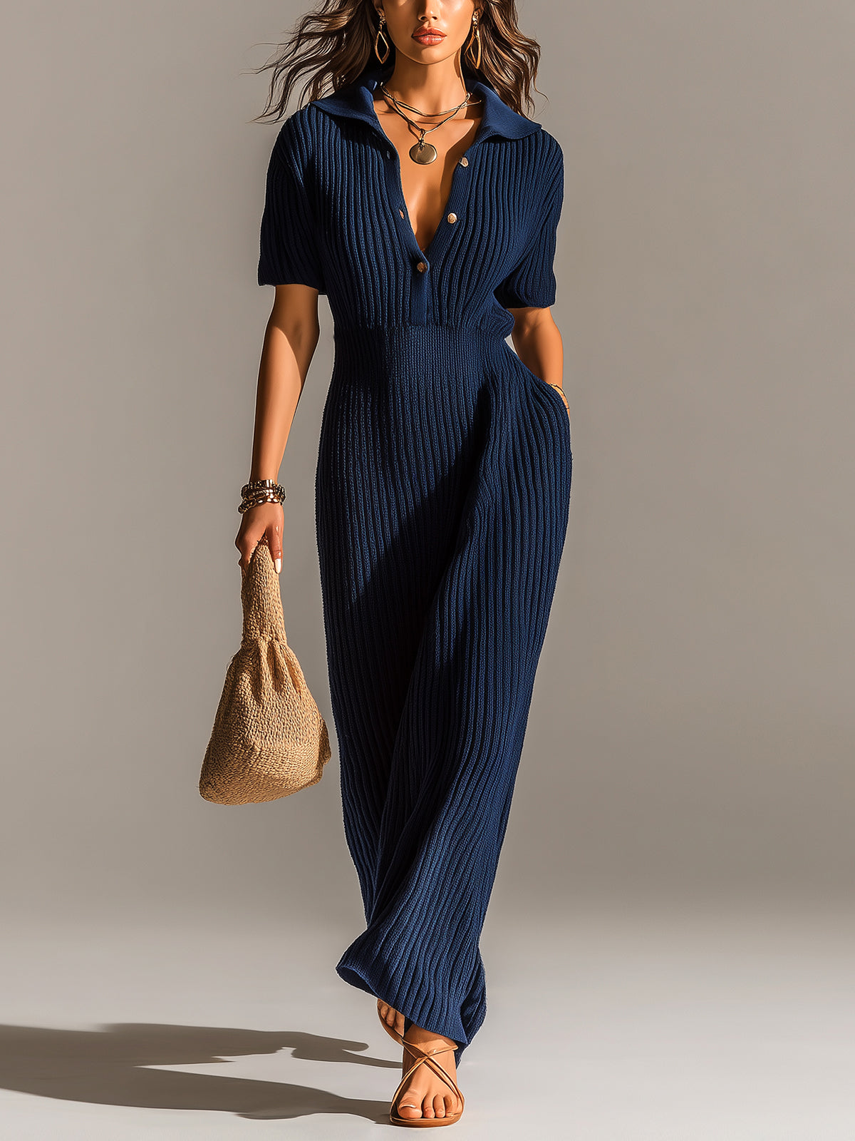 Chic Elegant Navy Blue Lapel Collar Button-Front Short-Sleeve Loose-Fit Ribbed Knit Maxi Dress