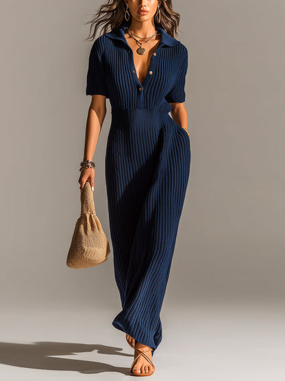 Chic Elegant Navy Blue Lapel Collar Button-Front Short-Sleeve Loose-Fit Ribbed Knit Maxi Dress