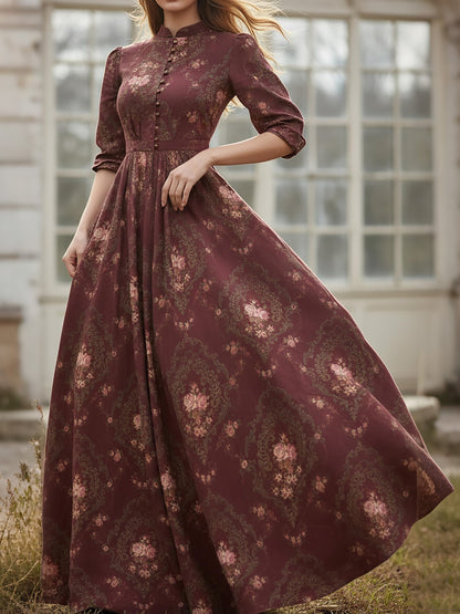 Robe longue en lin, manches longues, col montant, motif floral, boutonnée, style vintage, couleur rouge