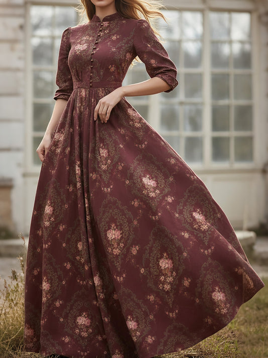 Robe longue en lin, manches longues, col montant, motif floral, boutonnée, style vintage, couleur rouge