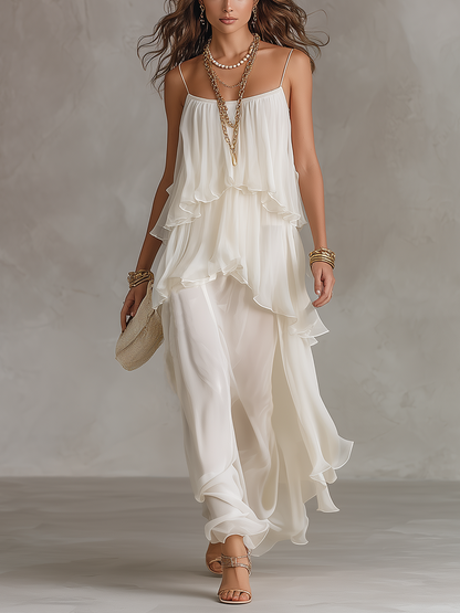 Robe longue romantique étagée en mousseline transparente