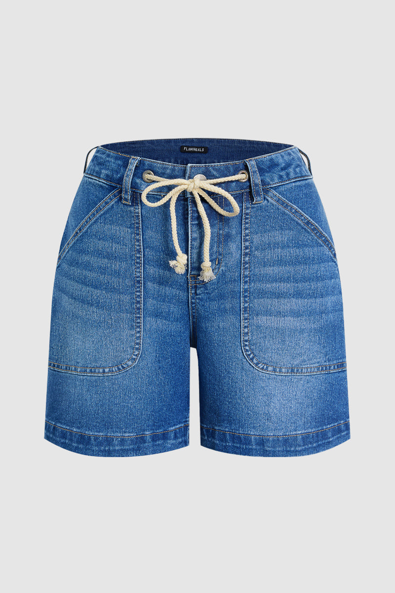 Wash Patch Pocket Drawstring High Rise Denim Shorts
