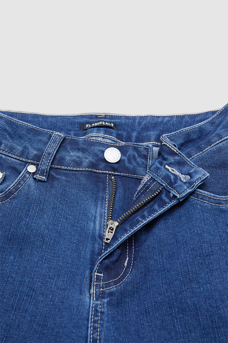 Wash Button Side High Rise Straight Leg Jeans