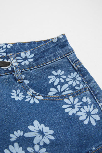 Floral Print Roll Hem Drawstring High Waist Barrel Leg Crop Jeans