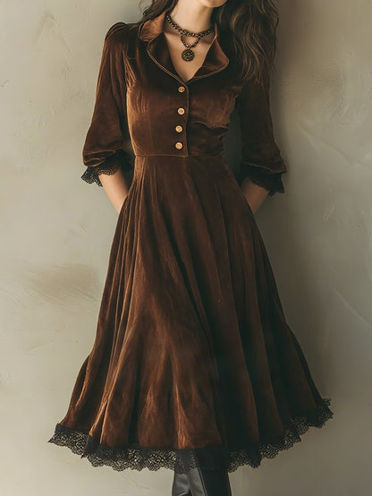 Robe midi en coton, demi-manches, col à revers, unie, dentelle, vintage, couleur café