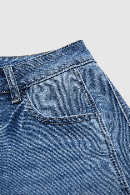 Wash Seam Front Roll Raw Hem Mid Rise Straight Leg Crop Jeans Without Belt