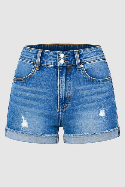 Wash Ripped Roll Hem Dual Button High Rise Denim Shorts