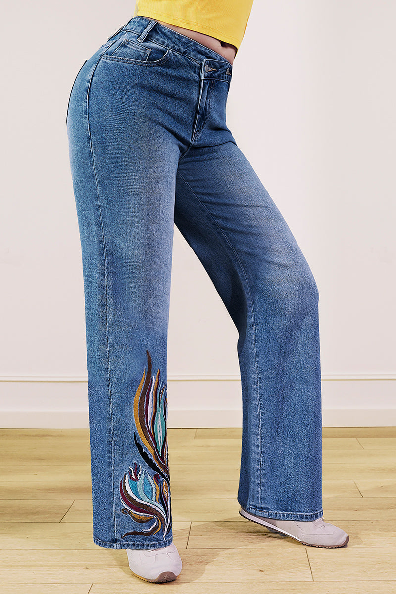 Wash Artistic Embroidery Dual Button Wrap Mid Waist Straight Leg Jeans