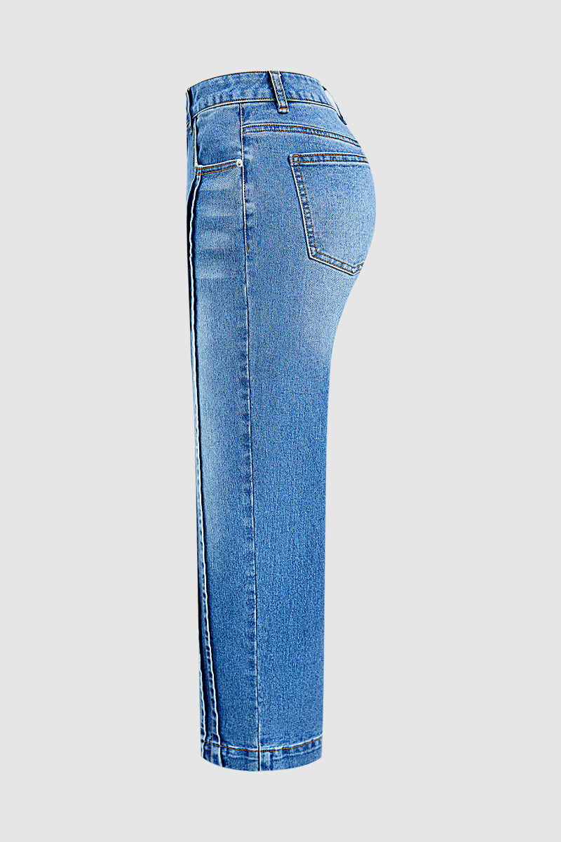 Wash Stitch Detail Mid Waist Straight Leg Cropped Jeans Without Belt