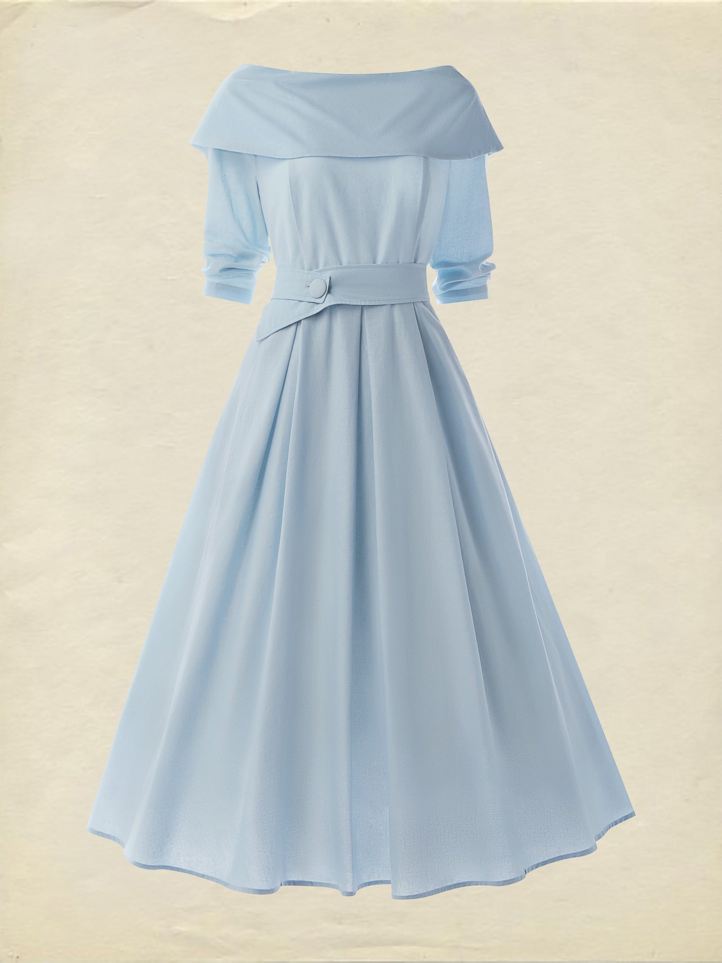 Robe en Coton Midi, Manches Longues, Épaules Dénudées, Unie, Ceinture, Style Vintage Français, Bleu Ciel