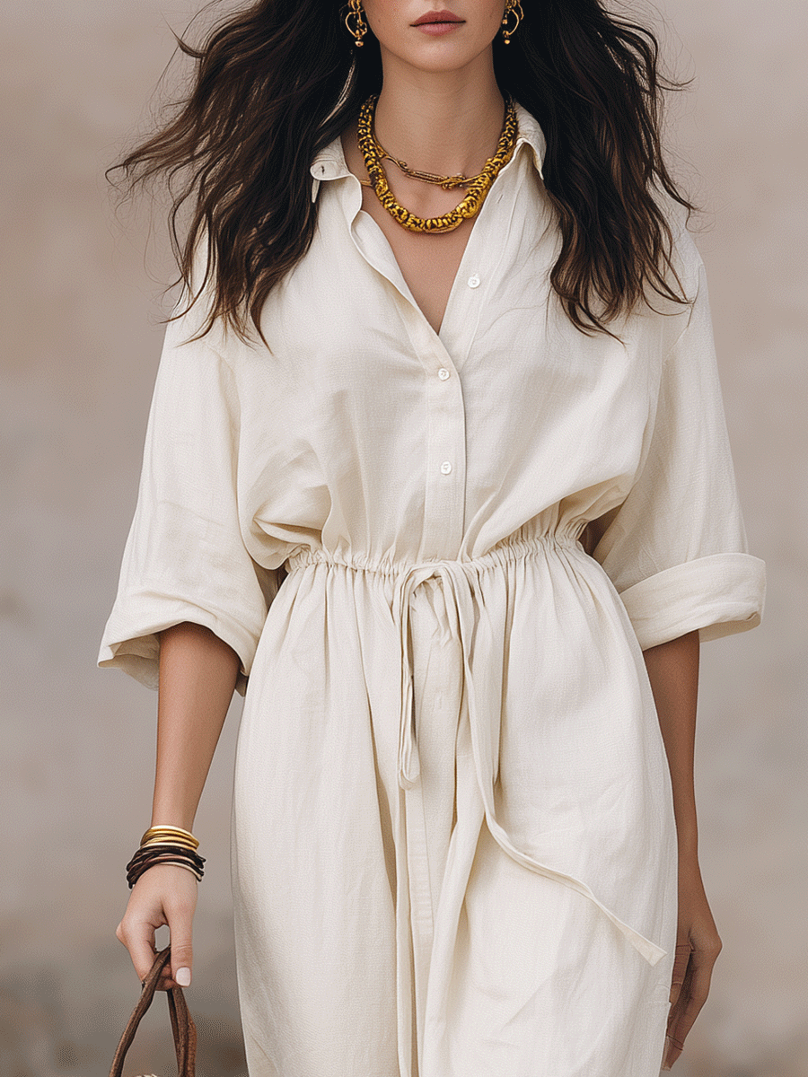 Robe longue chemise bohème en lin, coupe décontractée, avec taille coulissée