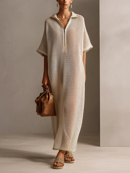 Chic Elegant Beige Zipper-Up Lapel Collar Short-Sleeve Oversize Hollow Out Knit Maxi Dress