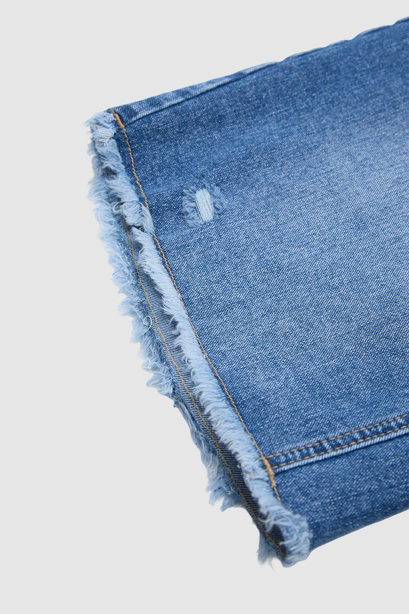 Wash Raw Hem Mid Rise Denim Bermuda Shorts