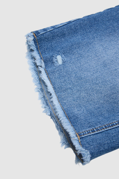 Wash Raw Hem Mid Rise Denim Bermuda Shorts