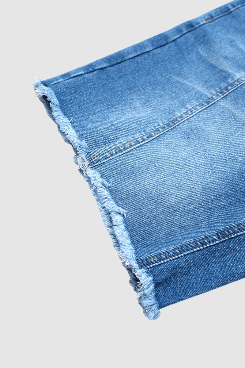Wash Seam Front Raw Hem Dual Button High Rise Mid Thigh Denim Shorts
