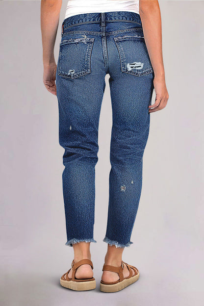 Raw Hem Ripped Mid Rise Straight Leg Crop Jeans