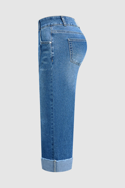 Raw Hem Stitch Detail Mid Waist Straight Leg Crop Jeans