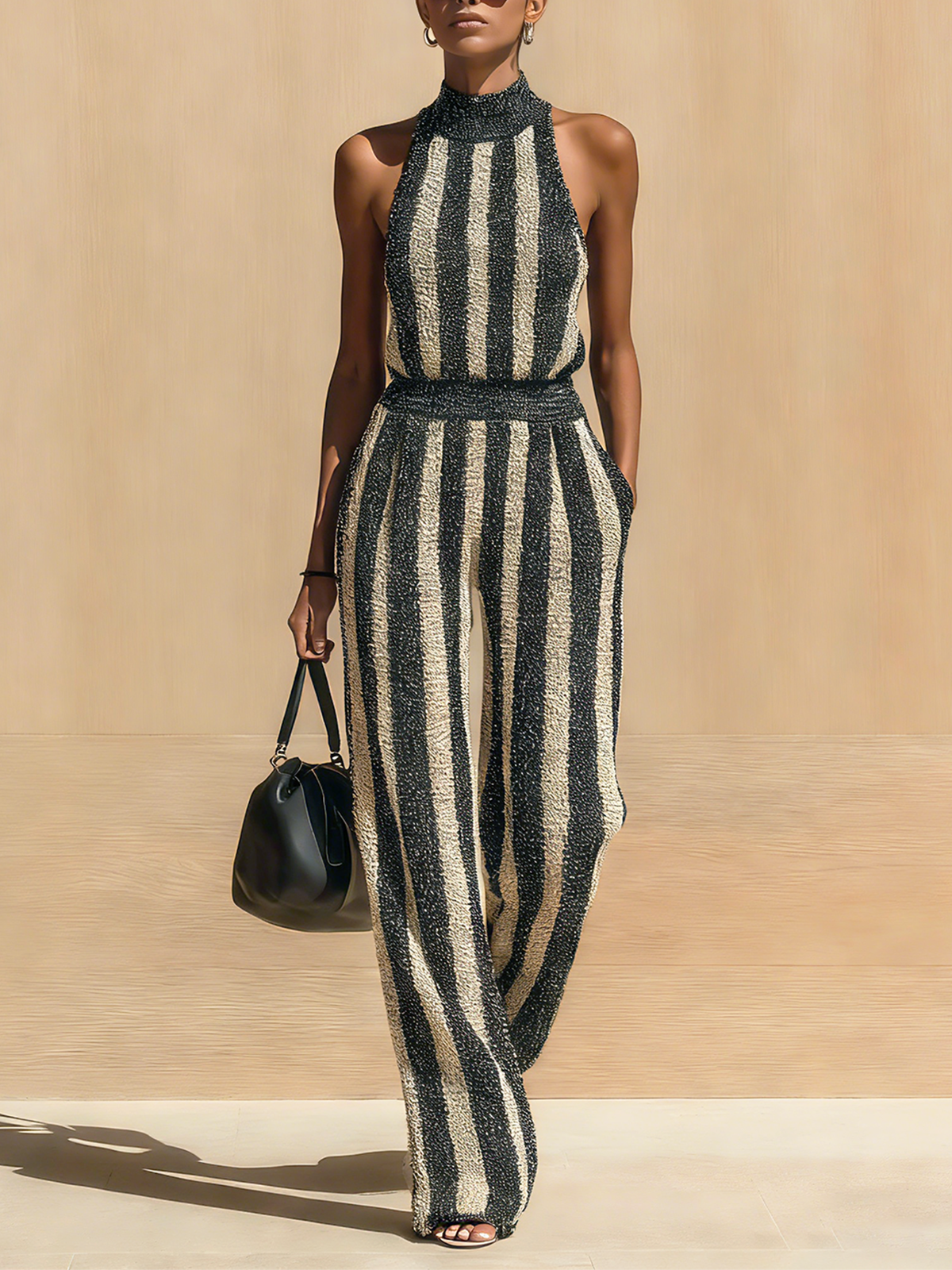 Chic Elegant Black-Beige Striped Mock-Neck Sleeveless Slim Fit Wide-Leg Ribbed Knit Jumpsuit