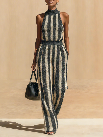Chic Elegant Black-Beige Striped Mock-Neck Sleeveless Slim Fit Wide-Leg Ribbed Knit Jumpsuit