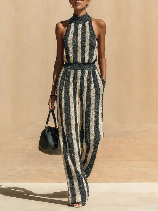 Chic Elegant Black-Beige Striped Mock-Neck Sleeveless Slim Fit Wide-Leg Ribbed Knit Jumpsuit