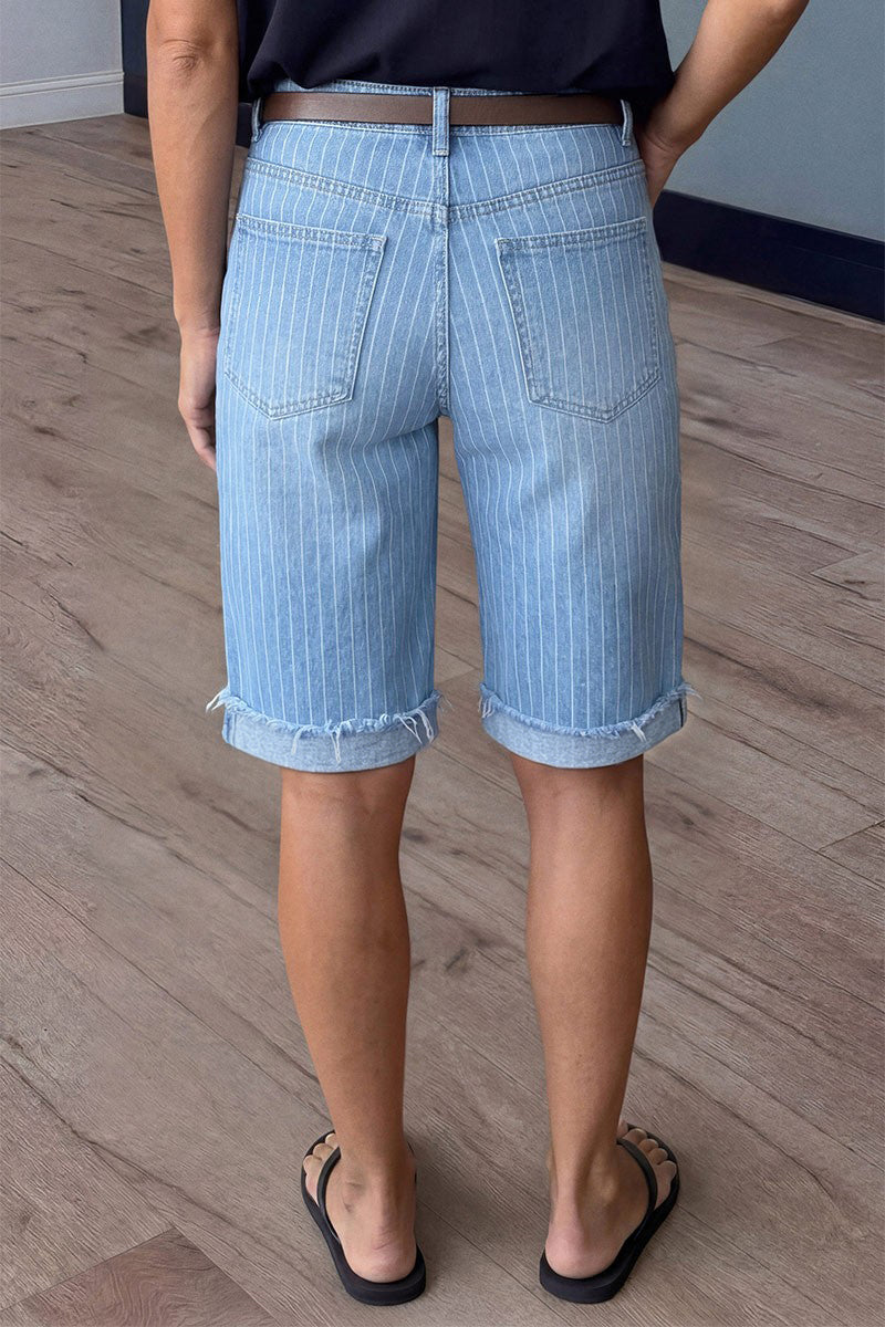 Striped Raw Hem Patch Pocket High Rise Denim Bermuda Shorts Without Belt