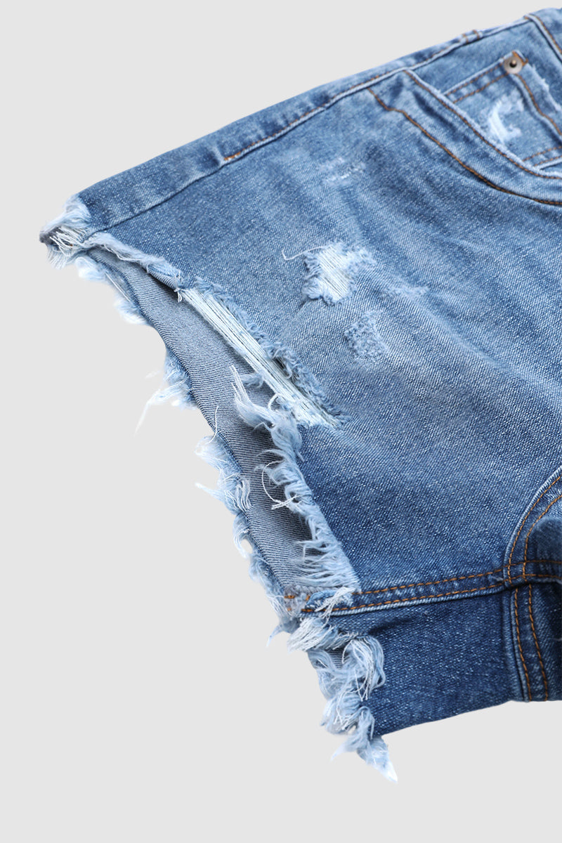 Wash Raw Hem Ripped Mid Waist Denim Shorts