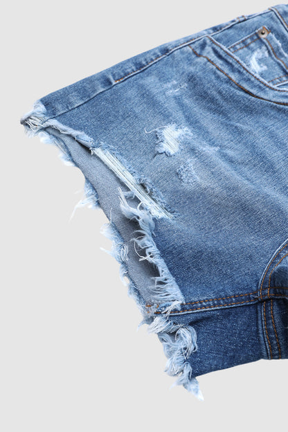 Wash Raw Hem Ripped Mid Waist Denim Shorts
