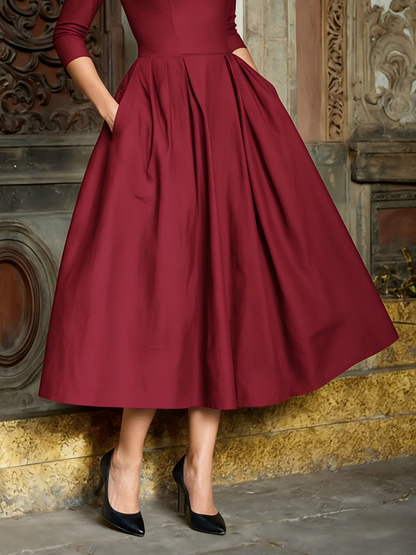 Robe midi en coton, demi-manches, col châle, unie, poches, vintage, noire
