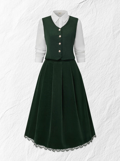Jupe midi en coton (chemise et gilet non inclus), unie, poches, vintage, rouge lie-de-vin