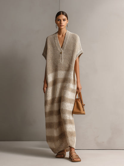 Chic Elegant Light Camel-Beige Colorblock V-Neck Button-Front Short-Sleeve Oversize Knit Maxi Dress