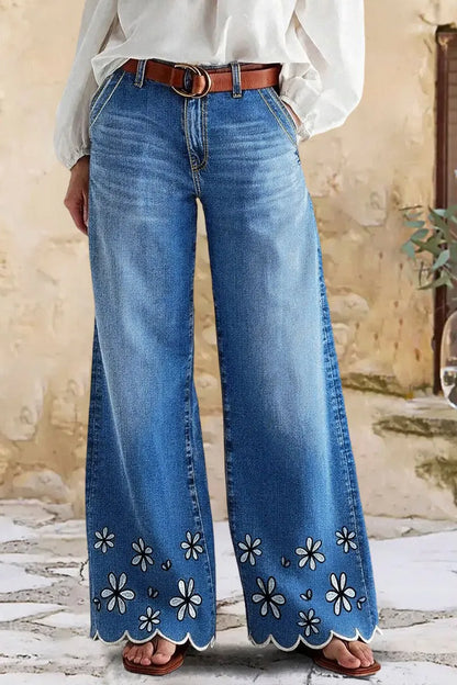 Wash Floral Embroidery Scallop Trim Mid Waist Wide Leg Jeans Without Belt