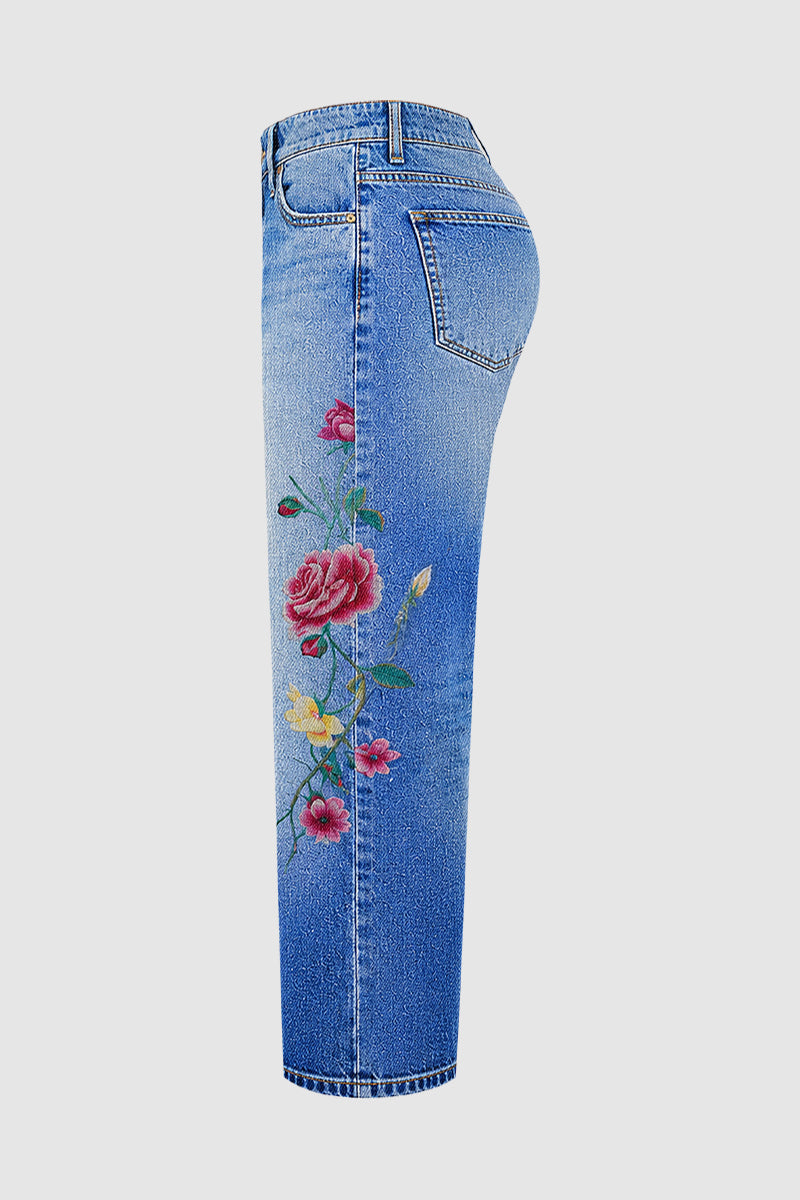 Wash Floral Embroidery Mid Rise Straight Leg Crop Jeans