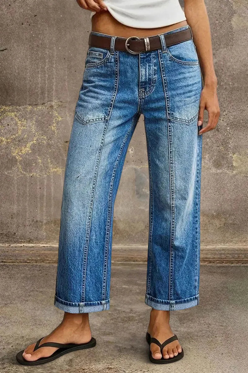 Wash Seam Front Patch Pocket Mid Rise Wide Leg Crop Jeans Without Belt
