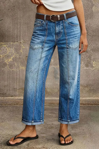 Wash Seam Front Patch Pocket Mid Rise Wide Leg Crop Jeans Without Belt
