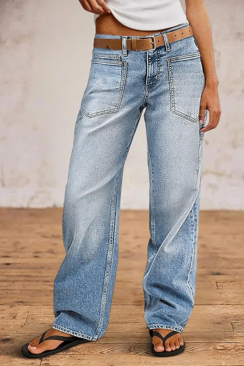 Wash Mid Waist Straight Leg Jeans Without Belt