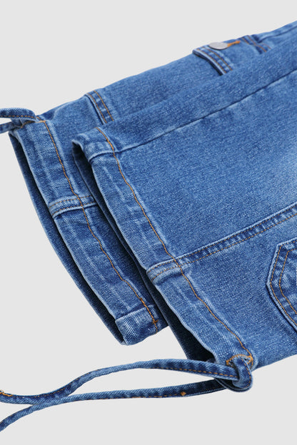 Wash Flap Pocket Drawstring Hem Mid Waist Straight Leg Capri Jeans